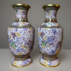 Large Pair Chinese Cloisonné Enamel Floral Vases Matching Decorative Set — photo 1