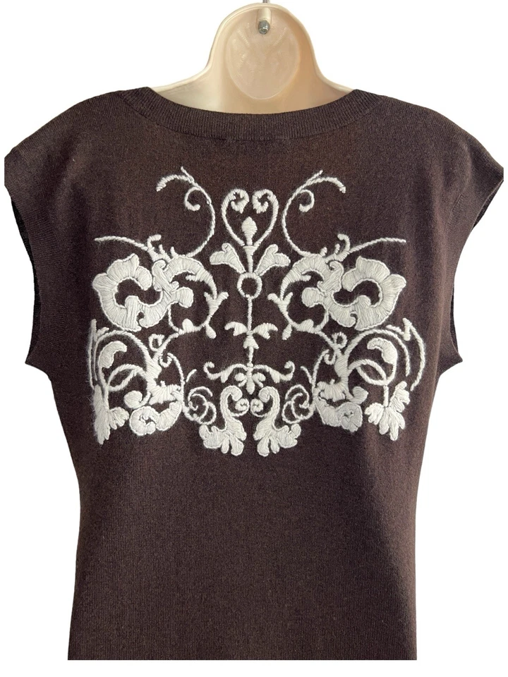 Chaleco Largo Otoño Cachemira Marrón Tejido Cuello en V Bordado Espalda Floral Talla M Foto 3 de 4