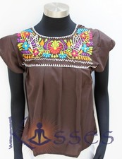 Blusa Campesina Mexicana Bordada a Mano Top Colores Estilo Vintage Túnica DrkBrn
