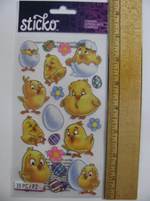 Sticko Stickers SPRING CHICKS Easter Eggs Flowers 19 Pieces NOS