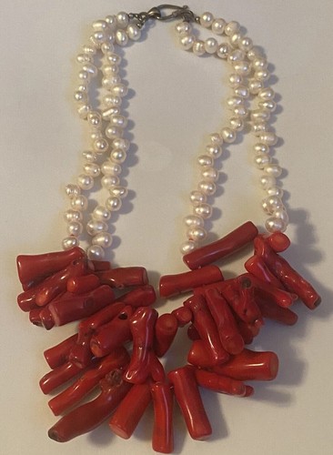 Baroque Pearl Large Red Branch Coral Double Strand Silver Statement Necklace - Picture 18 of 24