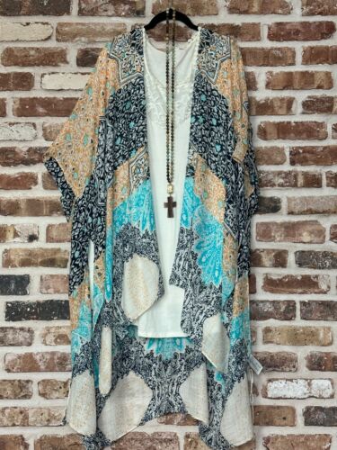 Plus Size Boho Hippie Mandala Ethnic Kimono Cardigan Turquoise Duster