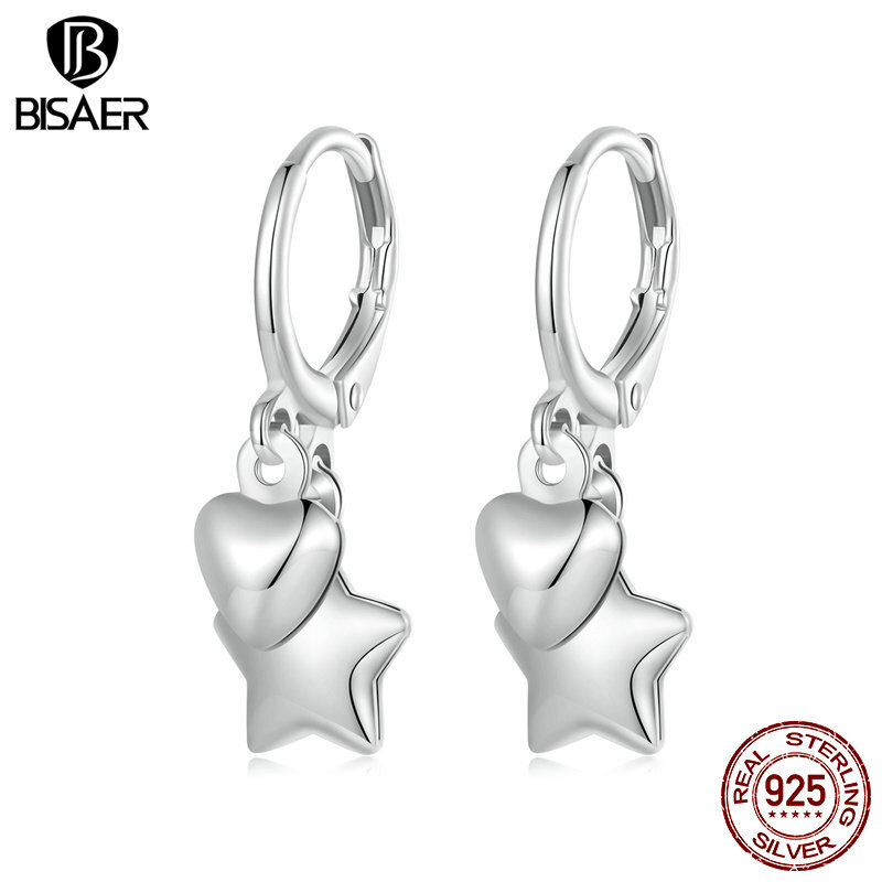 Bisaer S925 Sterling Silver Star Simple LOVE Hoop Earrings Jewelry Women Gifts