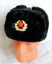 Russian Ushanka Faux Fur Cossack Trapper Hat & USSR Soviet Army Badge - Black
