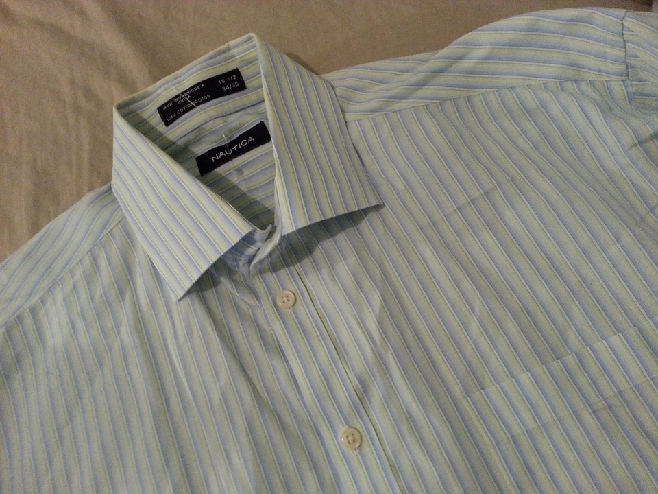 Мужская сорочка Nautica 16 1/2 34 35 синие желтые полоски хлопок длинная кнопка - Изображение 2 из 4