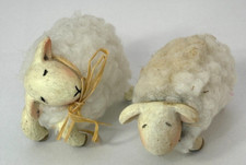 2 Vintage Merino Wool Sheep Wooden Heads & Feet Hand Painted Jumping Nativity