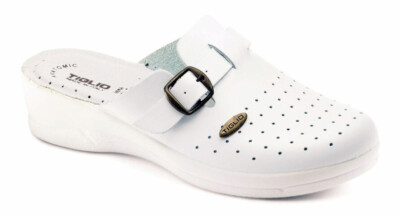 TIGLIO Sabot Donna In Vera Pelle Bianca - Pantofole Sanitarie Made In Italy Con Zeppa E Fibbia (Taglia 40)