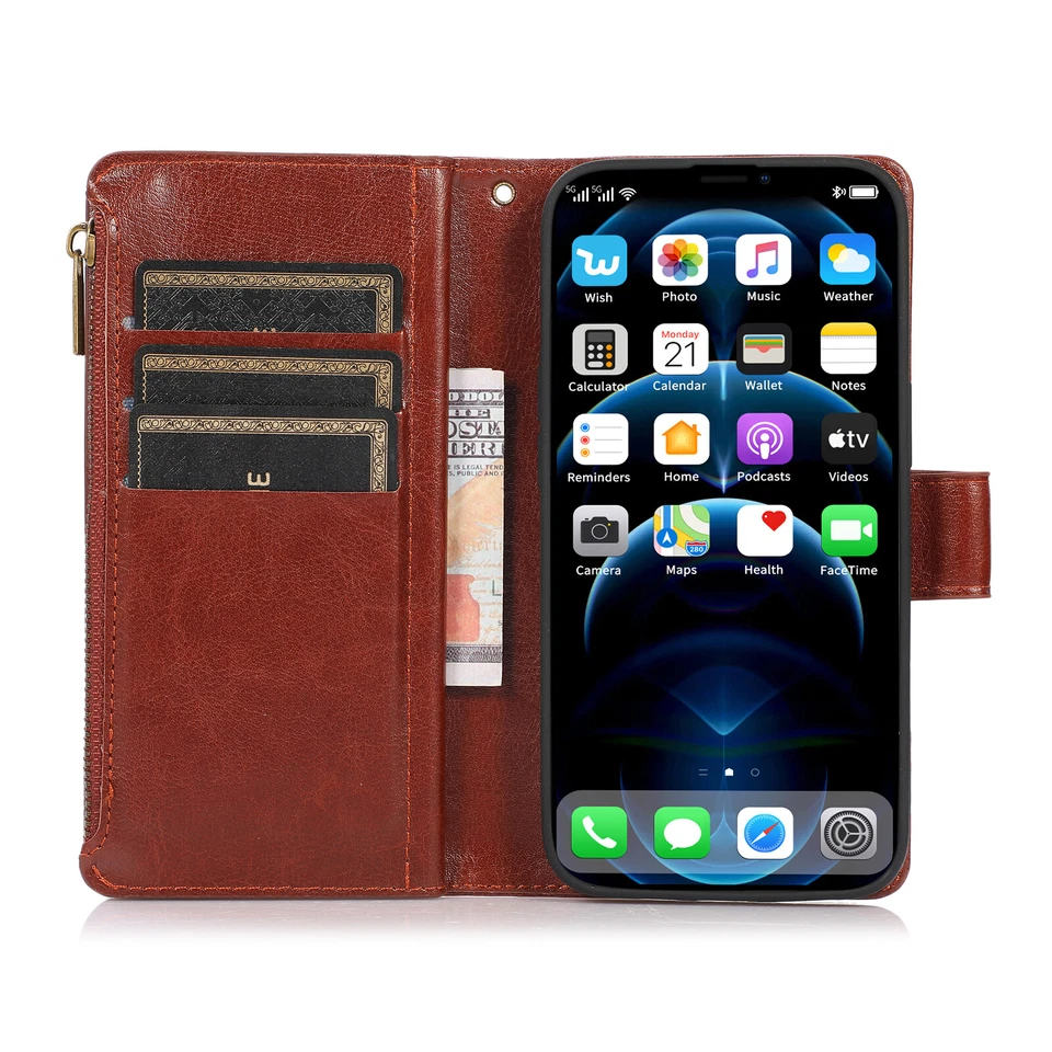 For iPhone 13 12 Pro Max 11 XS XR 8 7 Leather Zipper Card Slot Strap Wallet Case - Image 4 of 4