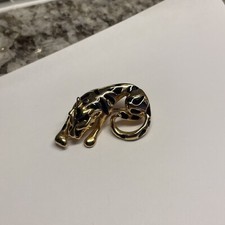 Black / Gold Tone Costume Jewelry Brooch Pin Rhinestone Eyes Wild Cat