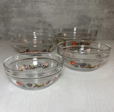 Set of 4 Vintage Clear Heatproof Glass Nesting Bowls 90s Fruit Border 5.5"