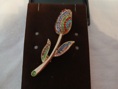 Vergoldete Brosche Tulpe mehrfarbig Strass in Box Made in Holland