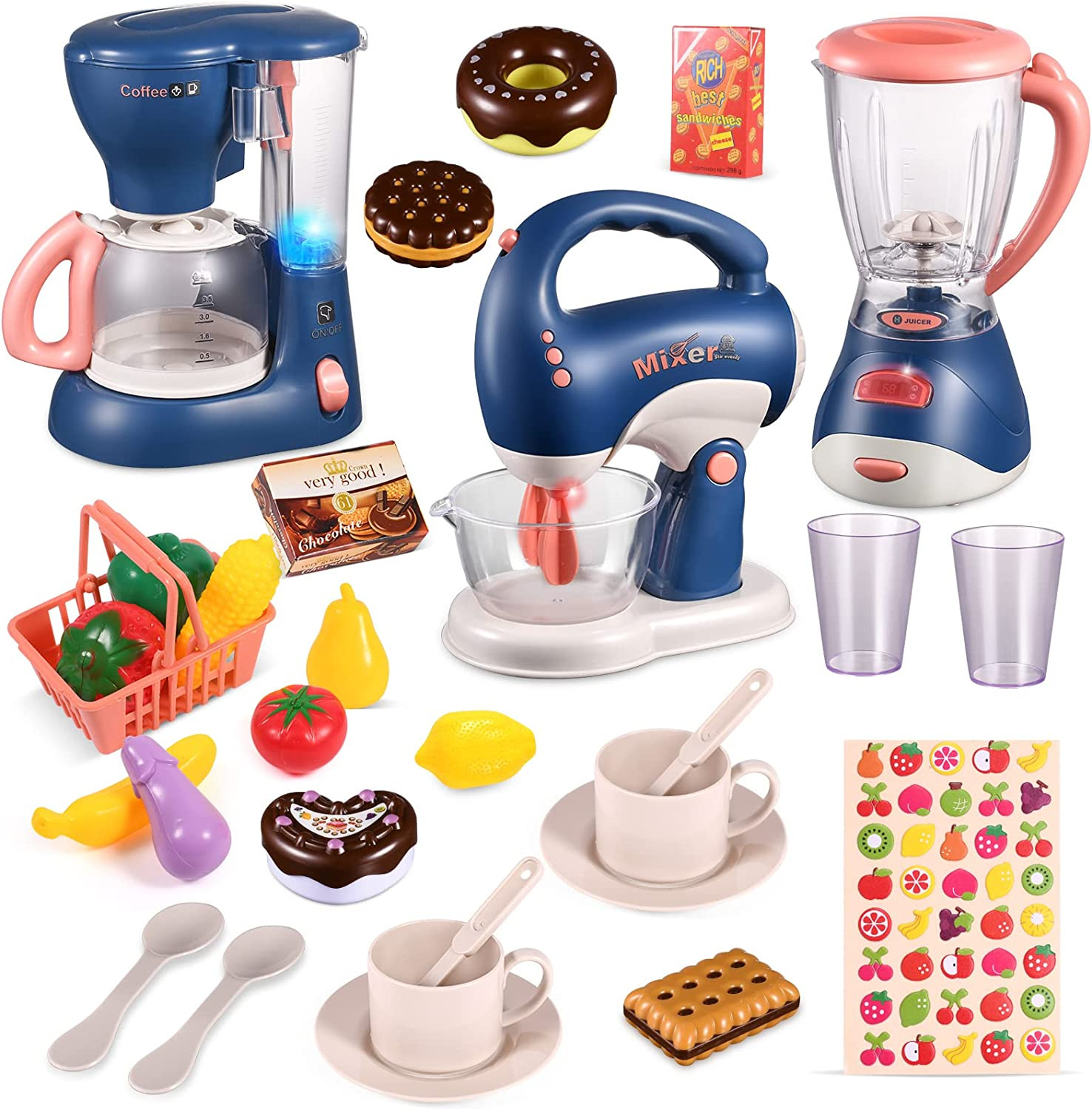 Küchengeräte Kinder Kinderküche Zubehör Spielzeug Set mit Kaffeemaschine, Mixer,