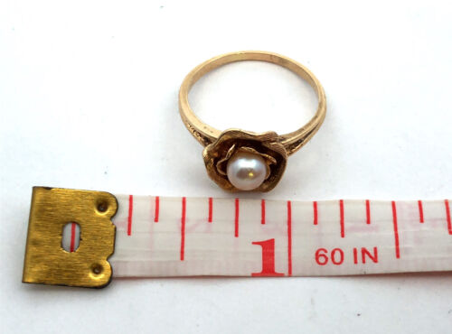 Vintage 14K Yellow Gold Pearl Solitaire Flower Rose Cocktail Ring - Picture 11 of 11