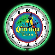 19" Corona Extra Beer Bird Sign Double Green Neon Clock 