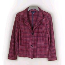 Talbots Blazer 14 Red Black Plaid Wool Blend 2-Button Jacket Career Academia