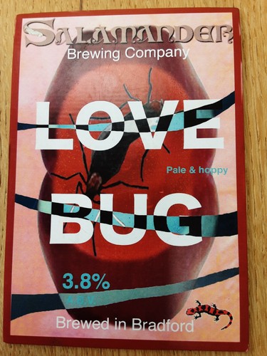 Beer pump clip badge, Salamander Brewing, Love Bug, Romance Film Theme
