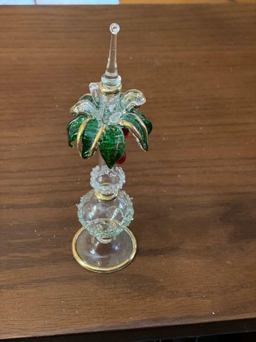 2X Mouth Blown EGYPTIAN Perfume Bottles Pyrex Glass Gold Paint Palm Shape 6.6" - Picture 3 of 10
