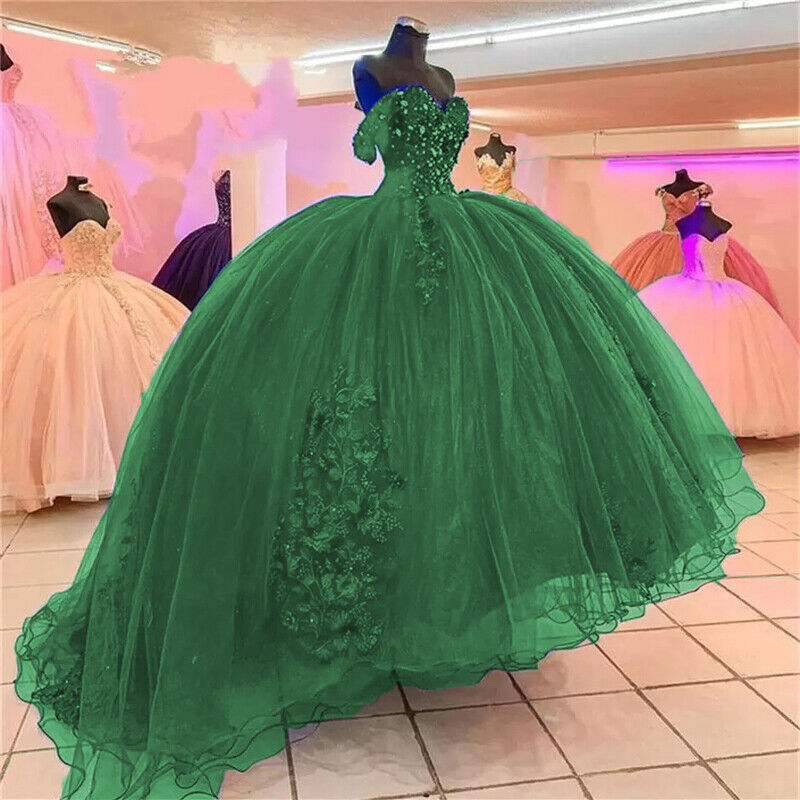 Emerald Green Quinceanera Dresses Ball Gown Puffy Beaded Sweet 16 Princess  Party