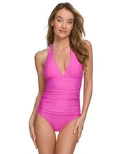 DKNY Womens Tie Back Halter Style One Piece Swimsuit Carnation Pink XL New