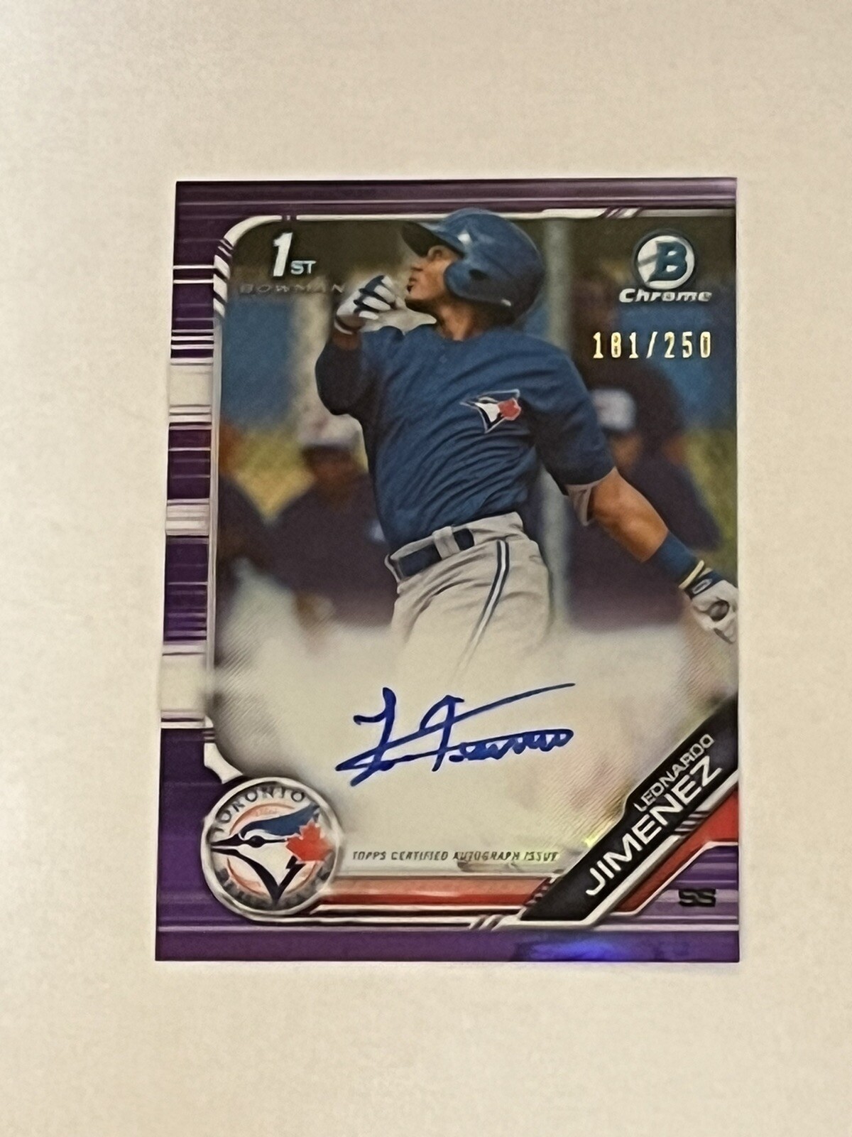 Leonardo Jimenez 2019 1st Bowman Chrome Prospects Purple Refractor Auto /250