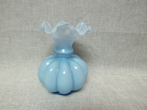 Fenton Art Glass Non-Production Line Blue Overlay Ruffled Melon Rib 5-1/2" Vase