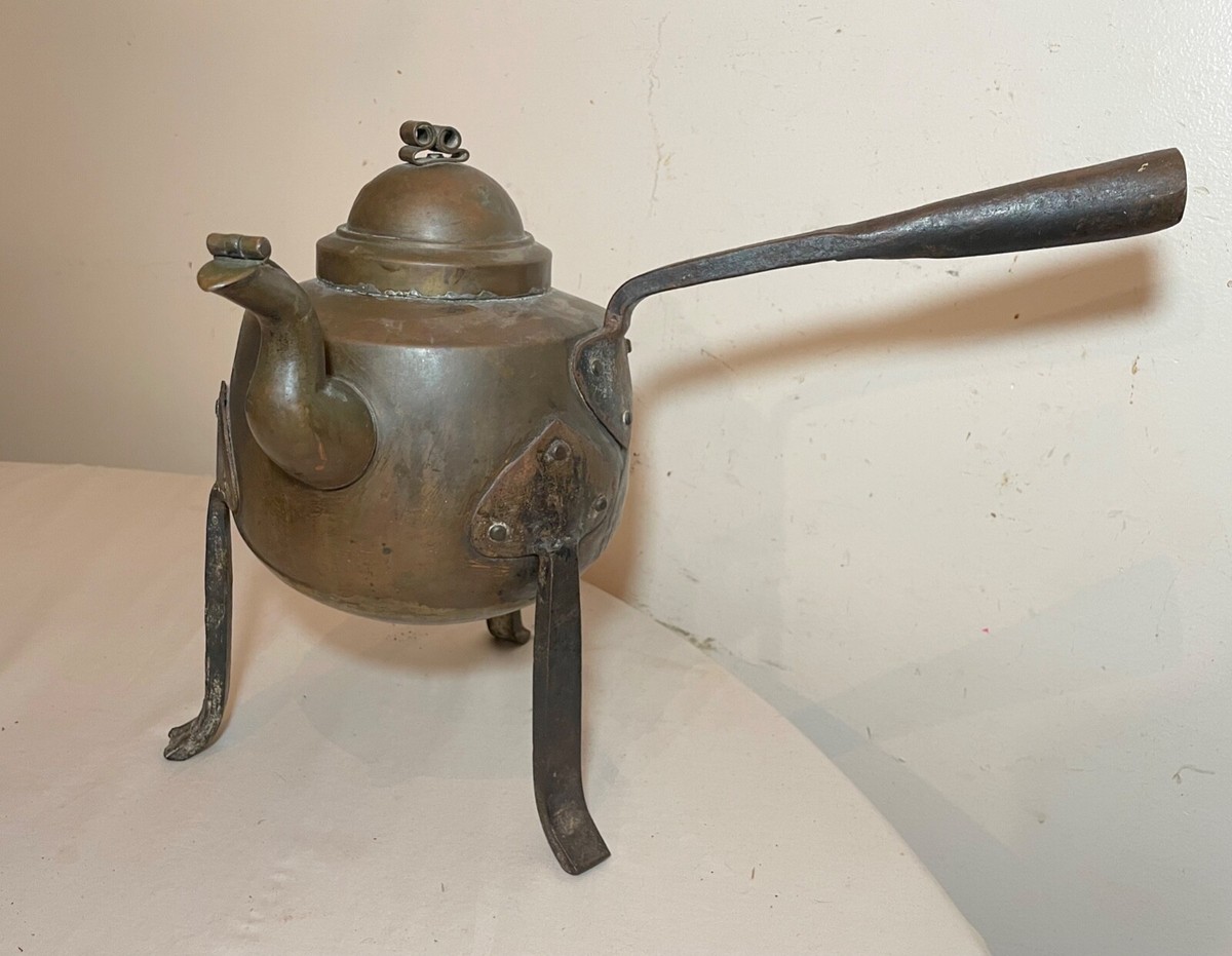 antique 1800's handmade dovetailed copper wrought iron Swedish tea kettle  pot