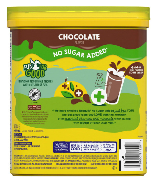 Nestle Nesquik No Sugar Added Chocolate Instant Stir In Powder Mix, 16 oz Canist