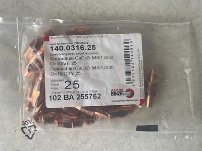 Contact Tip CuCrZr M8-1.0/3.0 D=10VE / Qty 25 Piece Abicor Binzel 140.0316.25
