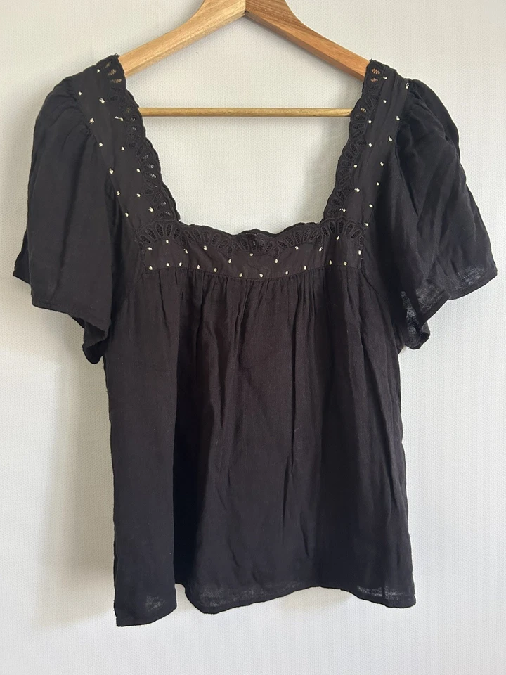 Blouse Sézane noire broderie et doré - T38 coton et viscose - Photo 4/4