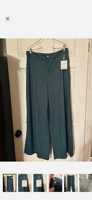 Fashion Clothing Women s Blue Solid Wide-Leg Pants XL Flat Front Elastic Waist