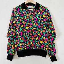 Notations Vintage Colorful Retro Floral Black Cuff Collar M Preppy Happy 80s 90s