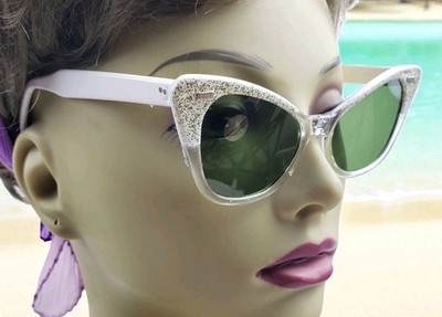 Willson 1950'S Vintage Womens Sunglasses Cat Eye White Green Lens