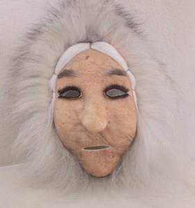 Vintage Alaskan Inuit Woman Mask Caribou Hide & Fur + Beaver Fur, Mid Century