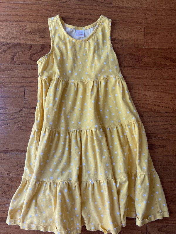 Hanna Andersson Girls 8 Yellow White Polka Dot Knit Tiered Knee Dress Sleeveless