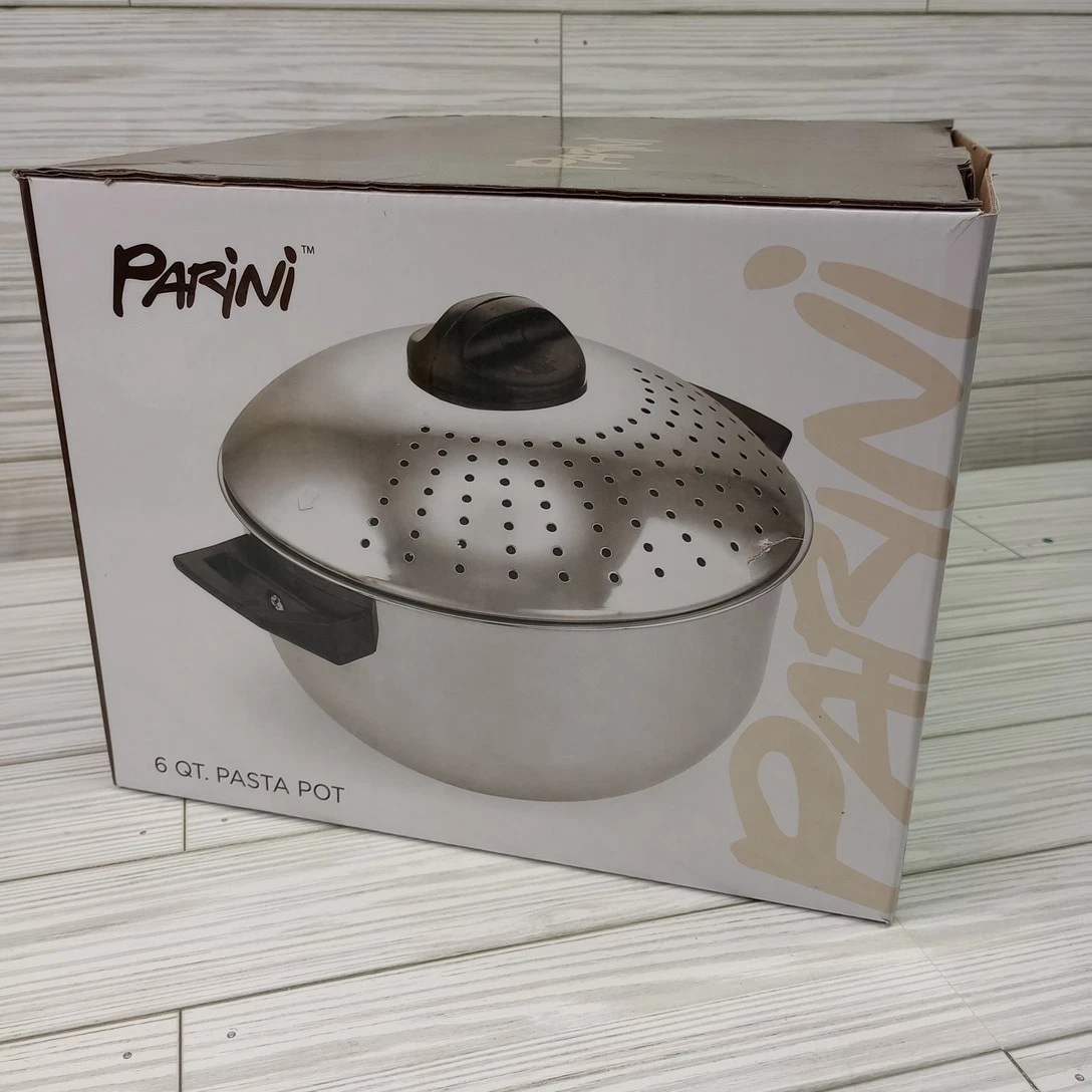 Parini Pasta Pot 6 Quart Stainless Steel, Locking Lid w/ Strainer Holes, NIB