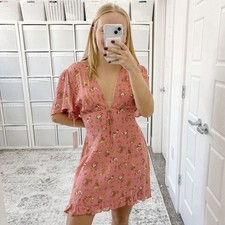 Reformation Mya Rosato Floral Print Flutter Sleeve Ruffle Hem V-Neck Mini Dress