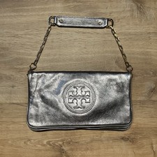 Tory Burch Shoulder Bag Silver Gold Chain Strap Logo Accent Zip Closure RARE