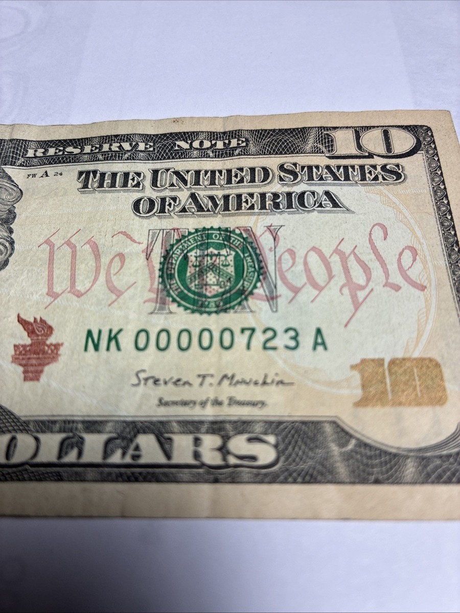 2017 $10 DOLLAR Bill NK 00000723 A LOW SERIAL NUMBER | eBay