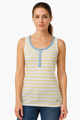 AJC Damen Top S 36/38 Ärmellos gestreift mit Knopfleiste Weiß Gelb Blau Sommer
