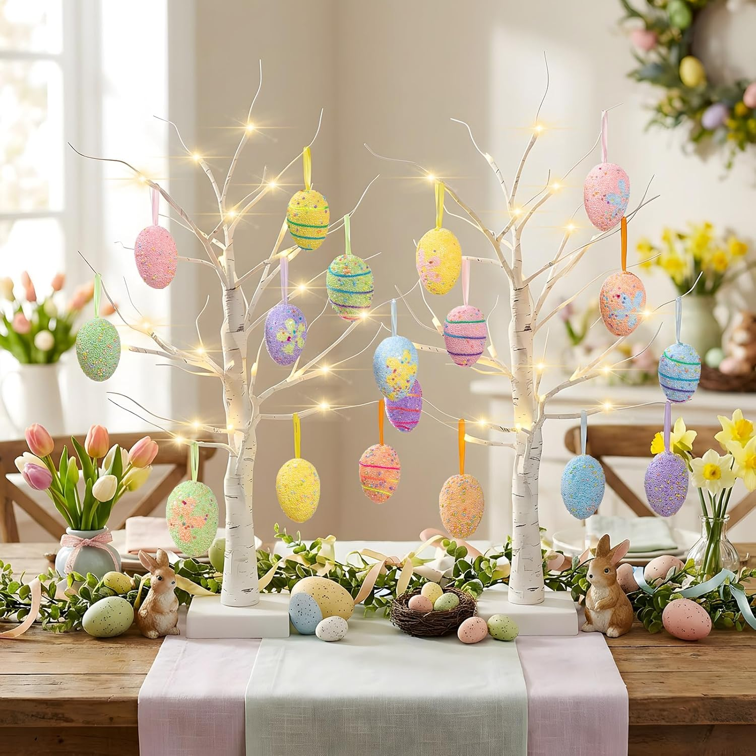 2 Pack Easter Decorations 24-Inch Lighted Artificial Birch Trees with 18 Hanging