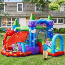 Dragon Inflatable Bounce House Castle with Slide, Ball Pool & Basketball Hoop