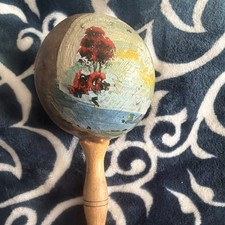 Hand-Painted Wood Maraca Shaker, Single Piece, Sailboat  Landscape Design