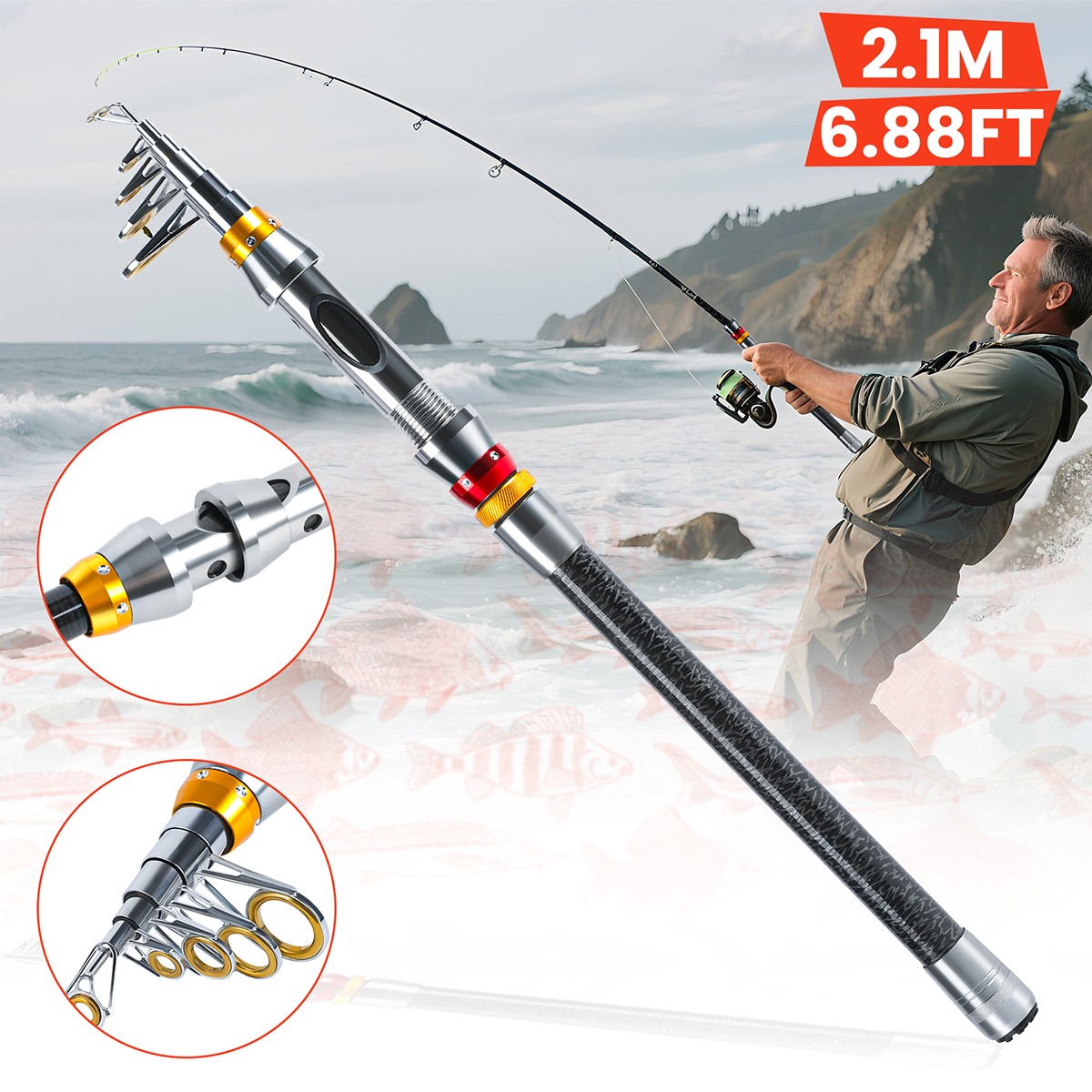 Carbon Fiber Telescopic Fishing Rod Sea 20-50LB Saltwater Portable Spinning  Pole | eBay