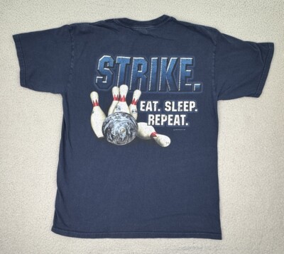 Vintage Bowling T-Shirt Mens L Blue Short Sleeve Strike Eat Sleep Repeat 2003