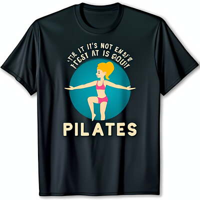 Funny Black Pilates T-Shirt with Cartoon Graphic & Motivational Quote