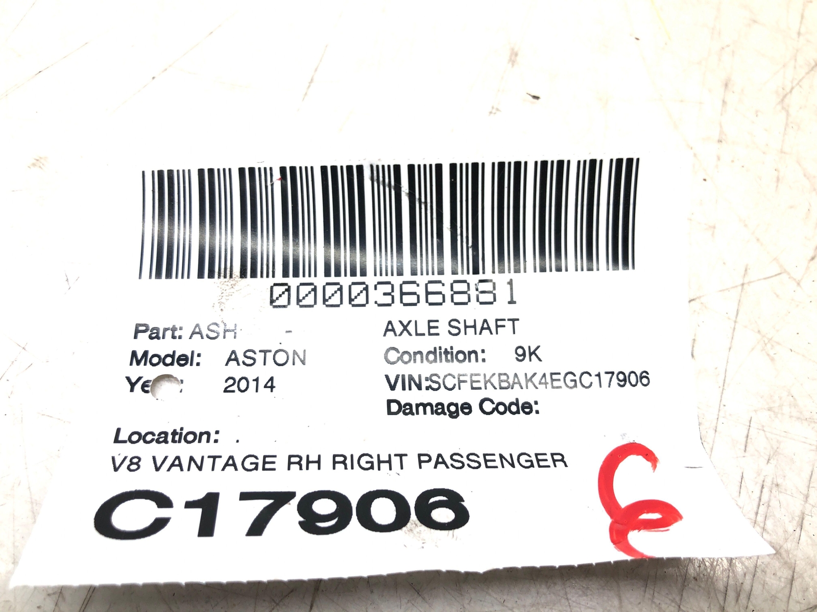 ASTON MARTIN V8 VANTAGE RIGHT PASSENGER REAR CV AXLE SHAFT 9k BG33-4B402-AC OEM
