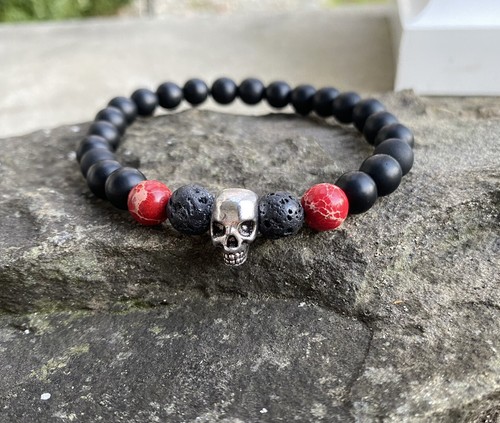 Men's Skull Beaded Bracelet Black Onyx and Lava Beaded Stretch Bracelet 8mm - Picture 3 of 5