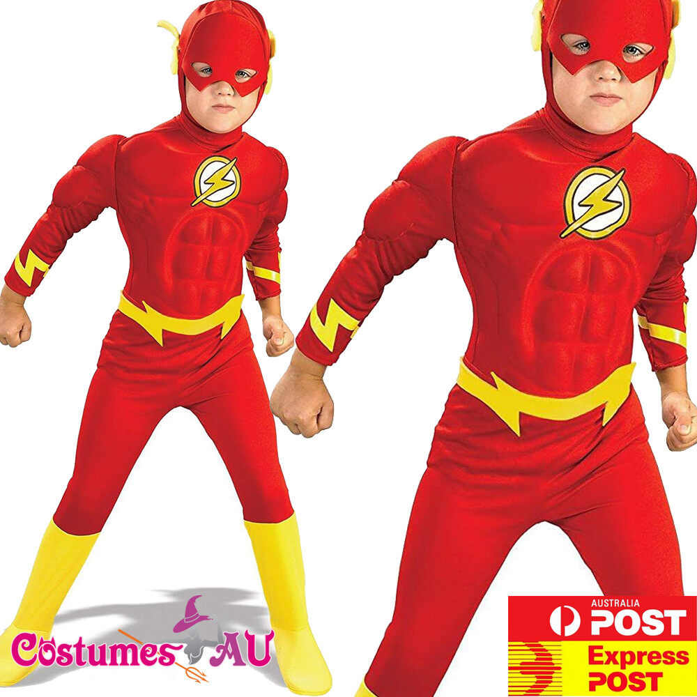Kids The Flash Costume - Muscle Chest Jumpsuit, Justice League Superhero For Book Week & Halloween