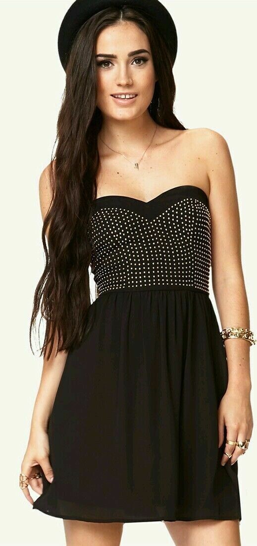 black mini dress with gold studs Sexy Strapless Sweetheart Mini Black Dress Gold Studs Juniors Ladies New  w/Tags
