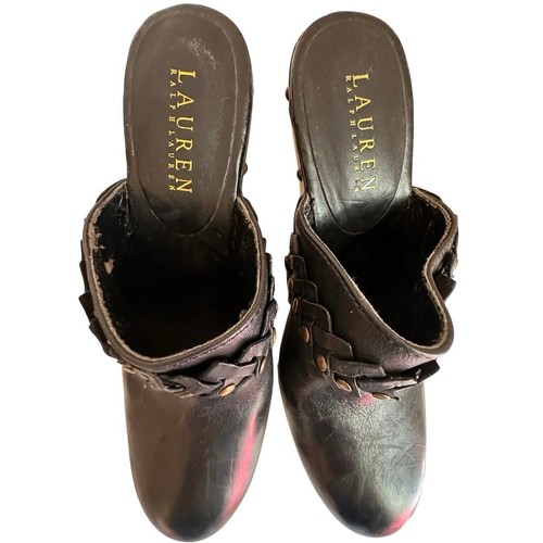 Lauren Ralph Lauren Black Leather Studded Wooden Heeled Clogs 7.5 - Picture 7 of 11